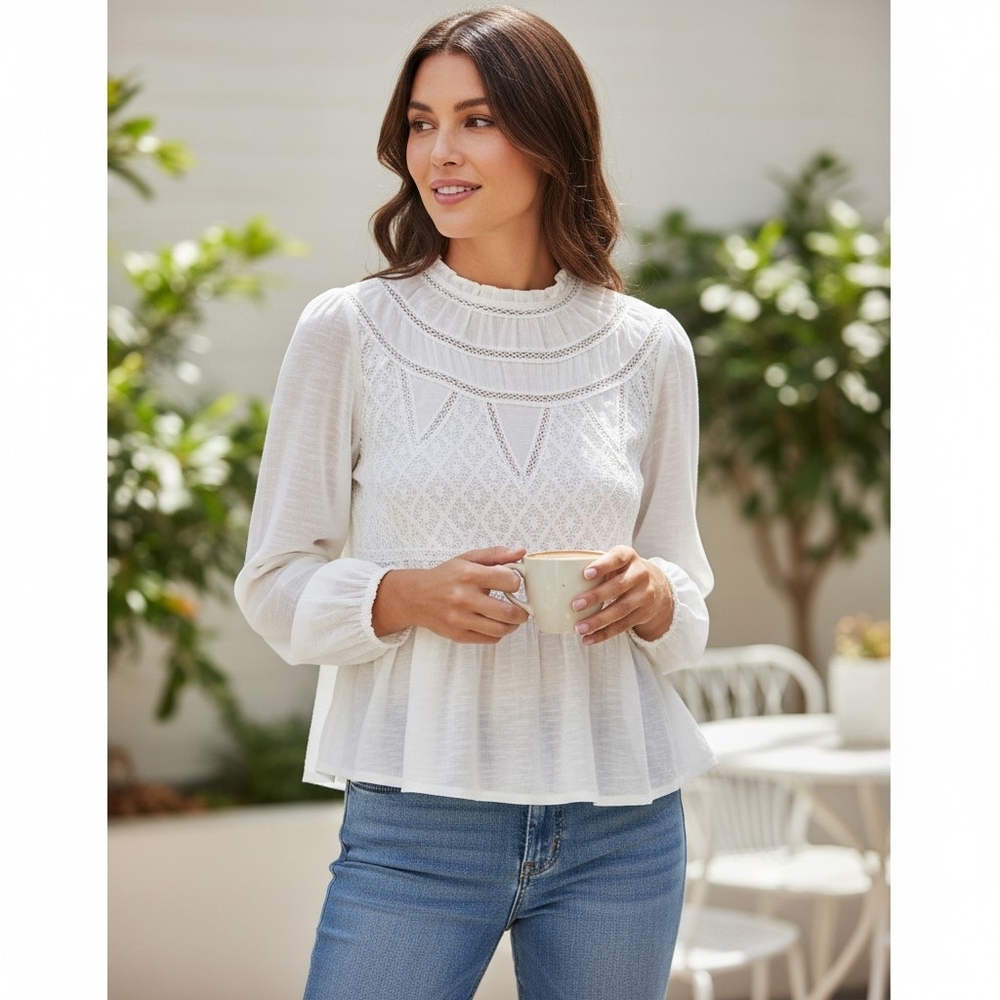 Free People White English Rose Peplum Blouse with Lace Inserts